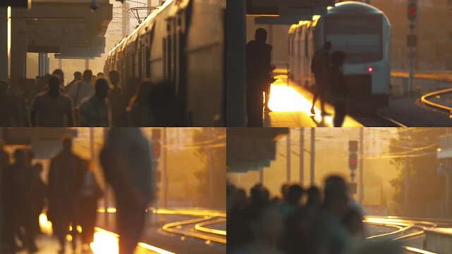 People silhouettes commuting on a train station platform at sunset