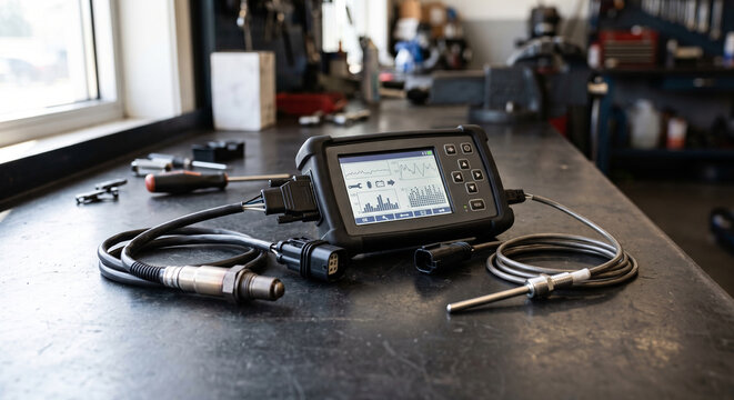 Handheld diagnostic scanner with sensor cables and metal probes displayed on a dark workshop counter, with window light, blurred garage tools, coiled leads.