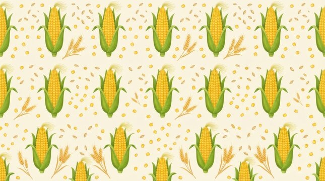 Vibrant golden yellow corn cobs with green husks and wheat stalks scattered on a light cream background, creating a decorative seamless repeating agricultural and harvest season pattern illustration.