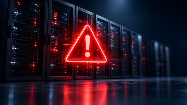 Data Center Server Room With Glowing Red Warning Exclamation Mark Highlighting Network Failure Or Security Breach