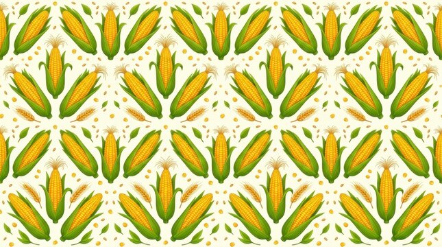 Golden ripe corn cobs in green husks and wheat ears create a vibrant seamless pattern, with scattered kernels and small green leaves on a warm light background, an illustrative design capturing agricu