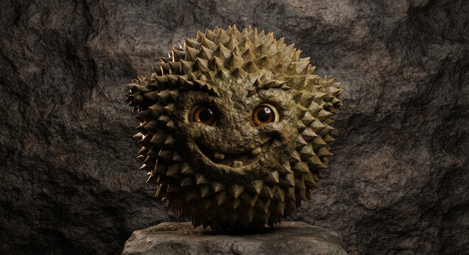 Spooky Halloween 3D durian monster sculpture crafted in realistic spiked stone texture