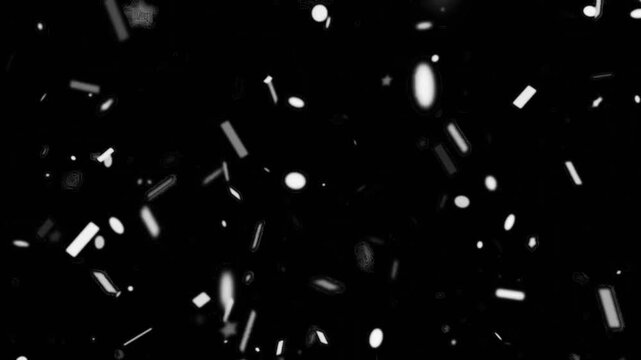 Colorful confetti of various shapes falling and flash on black background, festive party celebration overlay. Luma matte included.