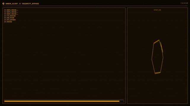 Futuristic amber hud screen displaying security alert and data bypass
