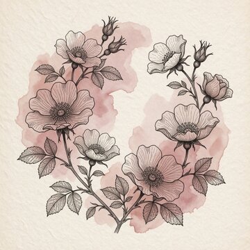 Japandi style floral illustration with wild rose flowers in circle shape. Abstract pink watercolor wash background with delicate line art botanical pattern. Hand drawn rose blossom design for home
