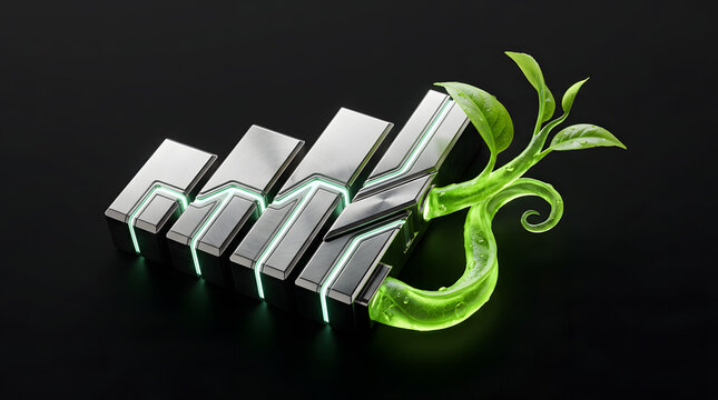 Metallic silver growth bar chart with green winding vine plant wrapping around it