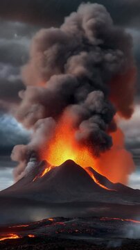 Fiery Volcanic Eruption in the Night Sky, Intense Orange Flames, Smoke and Lava, Dramatic Burning Clouds, Explosive Volcano Disaster, Hot Magma and Destruction in Nature