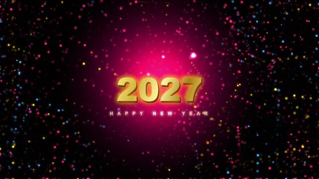 Gold 2027 New Year Greeting with Pink Glow and Colorful Confetti