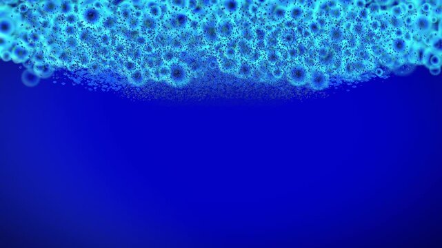 Glowing cyan bubble rings and tiny dots drifting along the top edge of a vivid royal blue gradient, animated particle backdrop with open copy space below