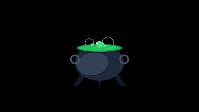 An animated cast iron witch cauldron bubbling with green potion on a transparent background, continuous micro-shudder motion