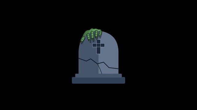 Flat Halloween graveyard gravestone with a cross symbol shakes while a green zombie hand emerges and moves across the stone on a transparent background.