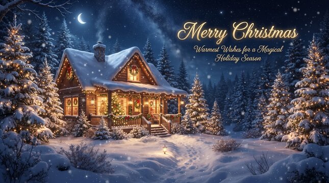 Cozy Snowy Christmas House with Festive Lights in Winter Forest