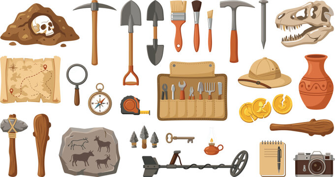 Archaeology and Paleontology Vector Icon Set Featuring Digging Tools, Dinosaur Fossils, Treasure Map, and Ancient Artifacts for Education and Adventure Designs