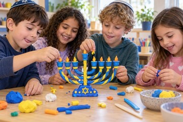 Obraz premium Happy children sculpting a clay menorah together to celebrate Hanukkah at a wooden table in a bright and cozy classroom setting.