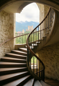 Heritage tourism and travel exploration, spiral staircase inside a medieval stone castle overlooking a mountain landscape and historic fortress