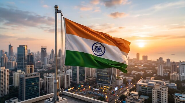 The national flag of India waving above a city skyline during sunset