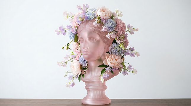 Pink glass female head sculpture decorated with pastel flowers against a white background