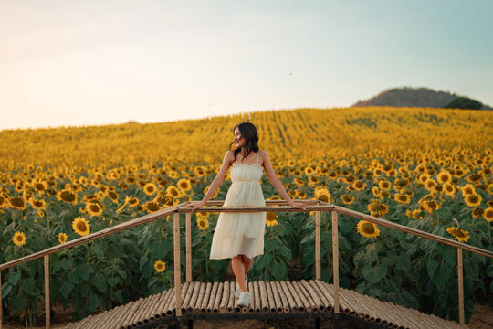 Young woman enjoying scenic sunflower field at golden hour, standing on wooden viewpoint surrounded by blooming flowers, peaceful countryside nature, summer travel, outdoor