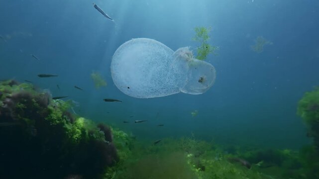 Bright sunbeams piercing blue sea water as translucent polychaete egg cocoon drifts along. Gelatinous white marine worm egg case surrounded by small swimming silverside fish under vibrant sunburst.