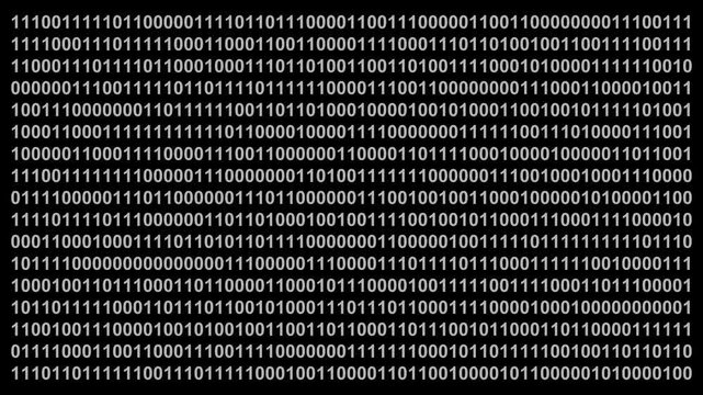 Binary Code on Black Digital Background. Rows of ones and zeros in a binary pattern create a digital data backdrop, symbolizing coding and information processing.4k motion graphics video