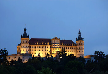 Obraz premium European heritage and tourism, Schwerin Castle illuminated at night with historic architecture and travel destination in Germany during blue hour twilight