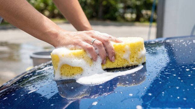 Woman washing a blue car with a yellow soapy sponge during exterior vehicle maintenance and detailing at home