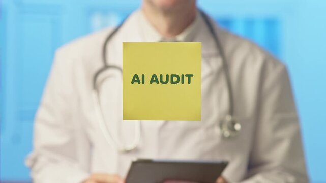 Male doctor in a white coat with a stethoscope holding a digital tablet and showing a yellow sticky note with the text ai audit, representing artificial intelligence in modern healthcare