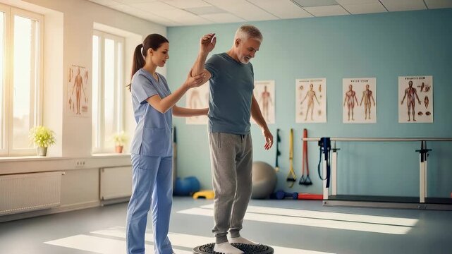 Woman physiotherapist assisting senior man with balance exercise on stability disc in clinic. Medical rehabilitation session for recovery and physical health care.