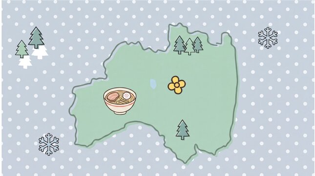 Cute illustrated map of Fukushima Japan with Kitakata ramen noodles, Inawashiro lake, and polka dot background