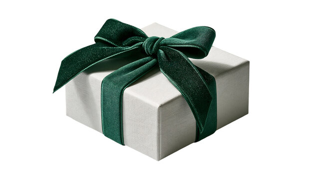 Square white gift box with a dark green velvet ribbon bow