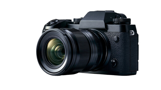 Black mirrorless digital camera with large zoom lens and textured grip