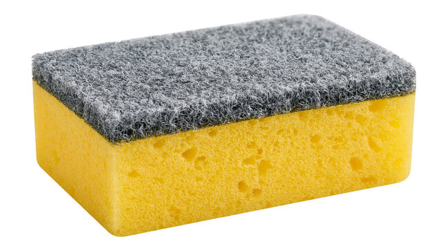 Yellow rectangular kitchen sponge with a coarse grey abrasive scouring pad layer