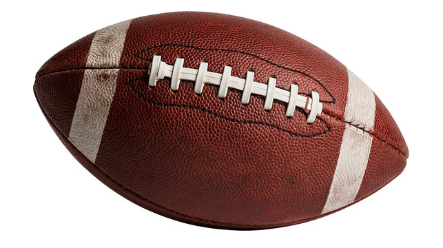 Brown leather American football with white laces and white stripes