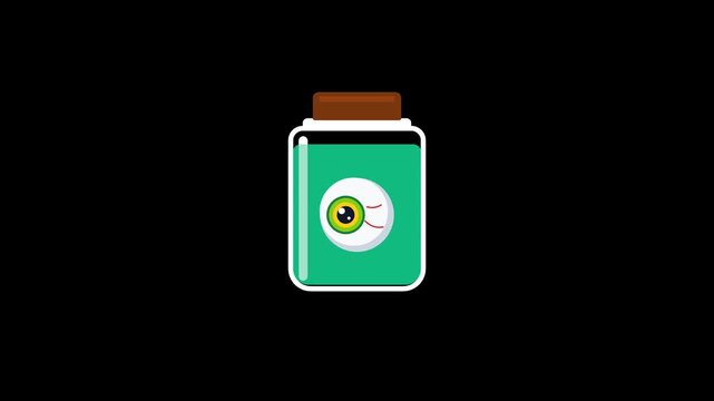 Flat vector animation of a creepy eyeball floating inside a green liquid specimen jar, looking side to side with bloodshot veins against a transparent background