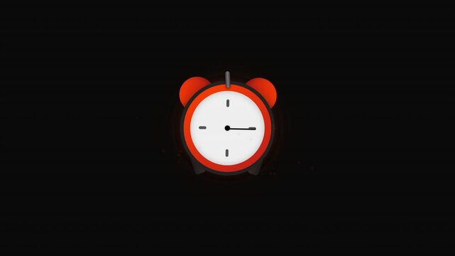Minimalist Red Analog Alarm Clock Ticking Time Lapse Against Black Background.