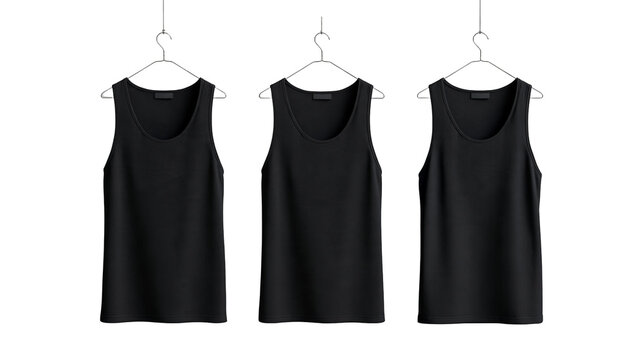 Three black cotton tank tops hanging on metal wire hangers