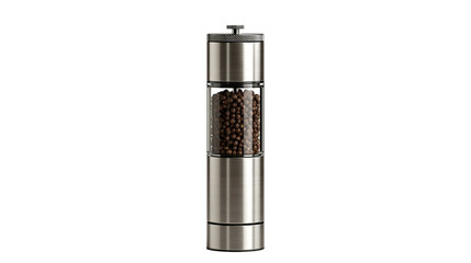 Brushed stainless steel pepper mill filled with whole black peppercorns © Aisling