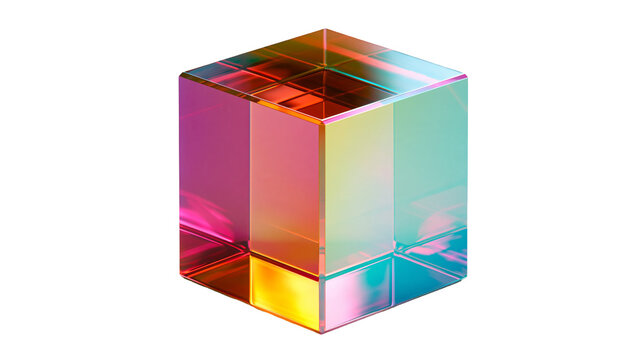 Iridescent dichroic glass cube with geometric grid pattern and vibrant reflections
