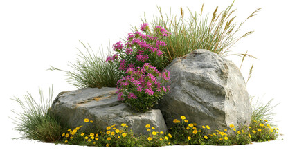 Large grey garden boulders with purple phlox flowers and yellow daisies in grass © Aisling