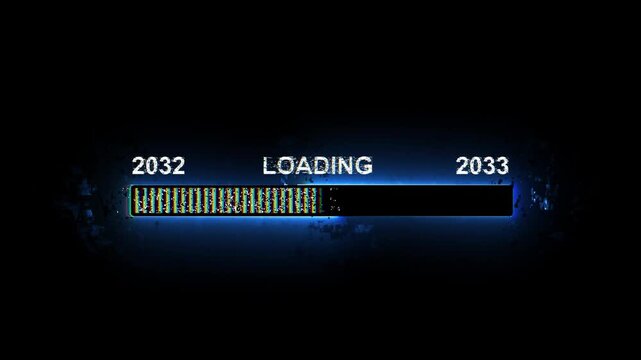 Neon 2032 to 2033 new year loading bar progress indicator with digital glitch effect for futuristic ui progress bar .4k motion video graphics