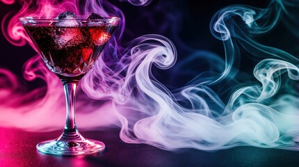 Fototapeta premium Red cocktail in glass with ice cubes, smoke swirls. Colorful pink, blue vapor rises around drink. Dark background with neon glow creates moody atmosphere for bar lounge. Mixology concept with copy