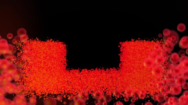 Glowing red orange particle swarm forming a U shaped block on black background, animated abstract backdrop with blurred bokeh orbs and copy space for text