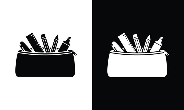 Minimalist pencil case icon set featuring school supplies and stationery items in black and white graphic style design
