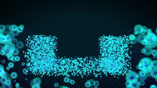 Cyan blue glittering dots shaping a U form over dark navy backdrop, sci-fi technology particle animation with defocused bokeh circles and empty space for text