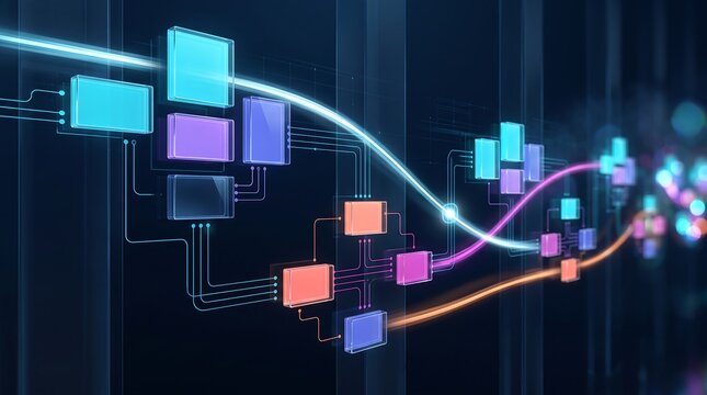 Abstract digital data flow with glowing circuit board pathways and modular processor blocks representing complex information network technology and system architecture in dark blue