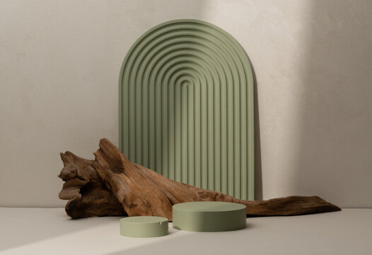 Beauty Cosmetics Product Presentation Display made with Green Props Round Podiums and Dry Wood