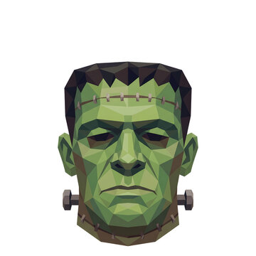3D Low Poly Frankenstein Monster Head with Stitches and Bolts, Halloween Polygonal Green Face Isolated on Transparent Background