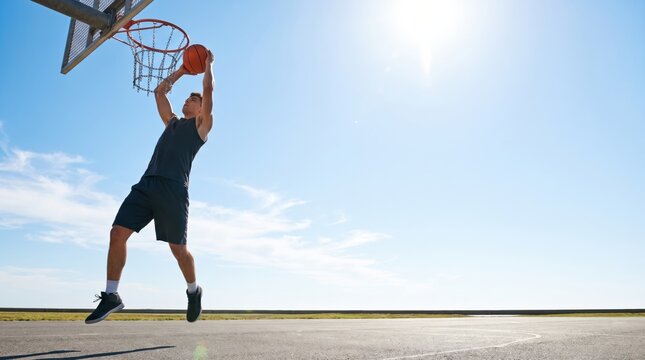 Young adult male basketball player dunking a basketball outdoors on a sunny day representing athletic achievement and active lifestyle