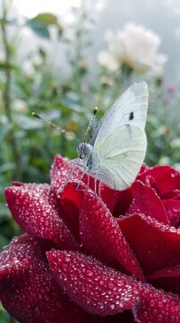 White butterfly perched on blooming red rose petals covered with morning dew drops in garden