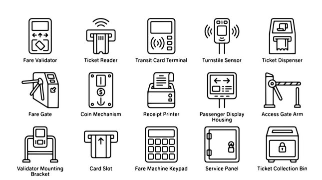 Minimalist vector icon set of public transport ticketing systems, fare gates, and validators